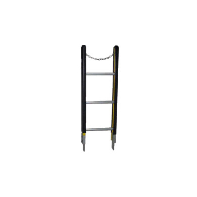 Fibreglass sectional ladder with four rungs and a chain for stability.
