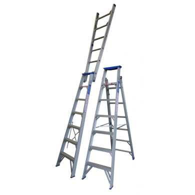 Aluminium dual-purpose step ladder, adjustable from 2.1m to 3.8m.
