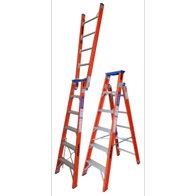 Indalex fibreglass ladder displayed in both step and straight forms.