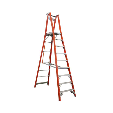 Indalex 2.7m fibreglass platform ladder featuring multiple steps.