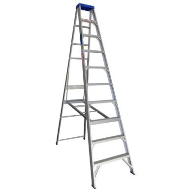 Aluminium single-sided step ladder with 10 steps, 3 metres tall.