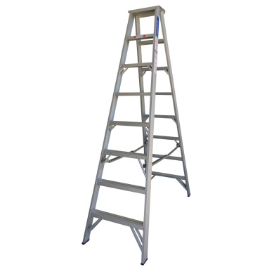 Aluminium double-sided step ladder featuring eight steps.