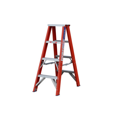Indalex 1.2M Pro Series double-sided fibreglass step ladder with four steps.