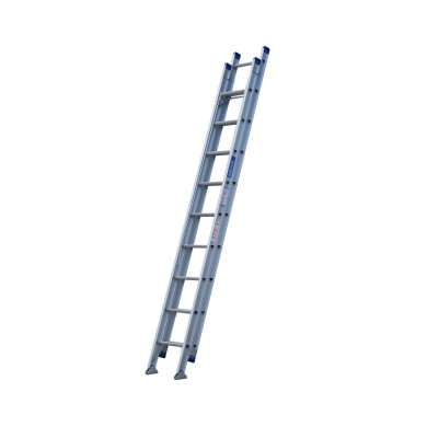 Aluminium extension ladder with swivel feet for industrial use.