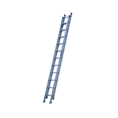 Aluminium extension ladder standing upright against a white background.