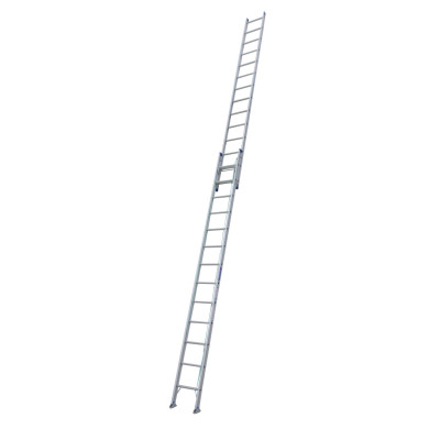Heavy-duty aluminium extension ladder with swivel feet.