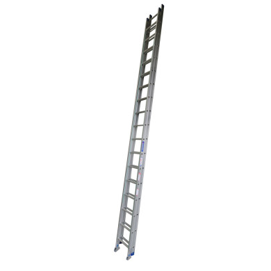 Aluminium extension ladder with swivel feet for industrial use.