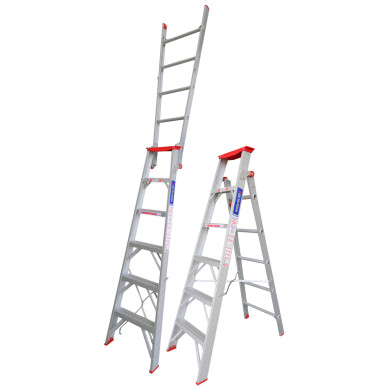 Dual-purpose aluminium ladder displayed in both step and extended forms.