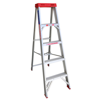 Aluminium step ladder with four steps and a 135kg weight rating.