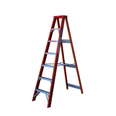Fibreglass step ladder with five steps and red frame.