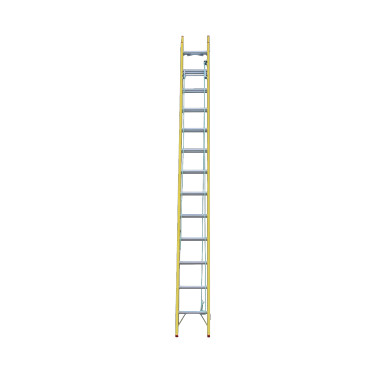 Fibreglass extension ladder with a height range of 4.3 to 7.3 metres.