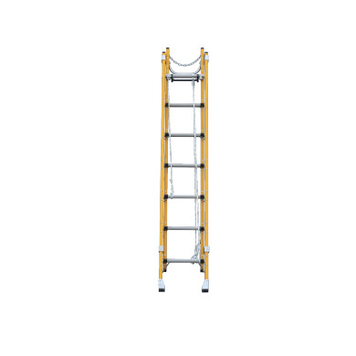 Fibreglass extension ladder featuring dual ropes and fixed feet.