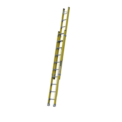 Indalex 3.3M-5.2M fibreglass extension ladder with dual side ropes.