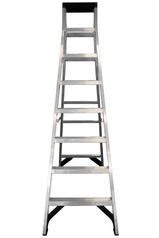 Heavy-duty aluminium twin step ladder with six wide treads on each side.