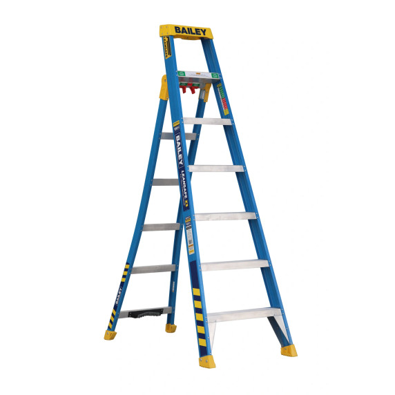 Blue fibreglass Bailey Leansafe X3 ladder, 2.1m tall.