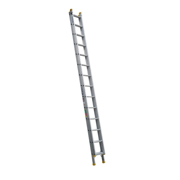 Aluminium extension ladder with 14 rungs, 150kg load capacity.