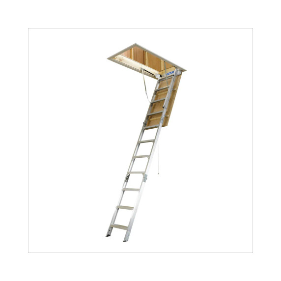 Aluminium attic ladder extending from a ceiling hatch for easy access.