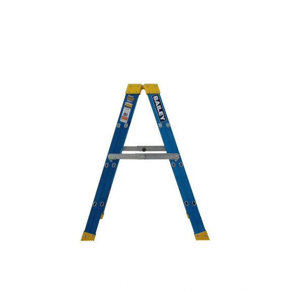 Blue and yellow Bailey fibreglass double-sided ladder with four steps.