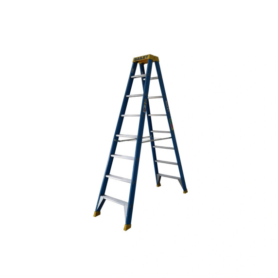 Blue and yellow fibreglass double-sided ladder with eight steps.