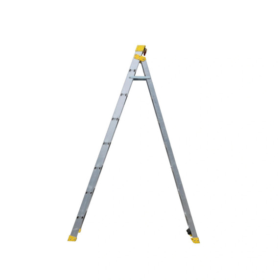Aluminium double-sided step ladder with anti-slip feet and cap.