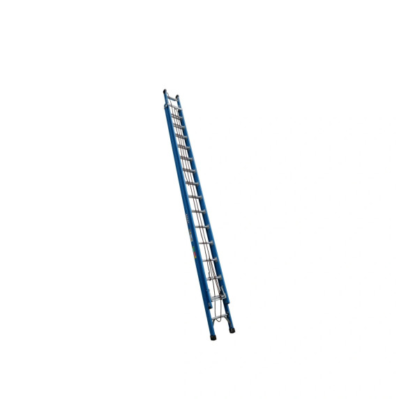 Blue fibreglass extension ladder with 16 rungs for heavy-duty use.