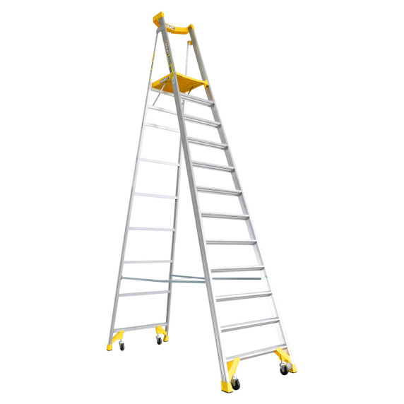 Aluminium 12-step platform ladder with a large top and castors.