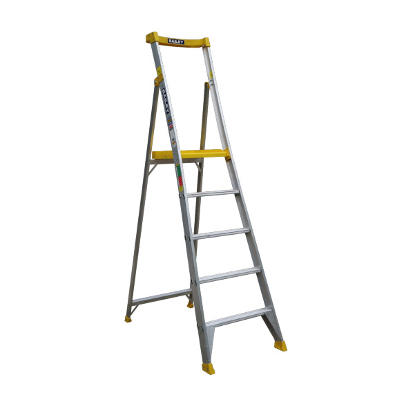 Aluminium 5-step platform ladder featuring a large work deck and anti-slip boots.