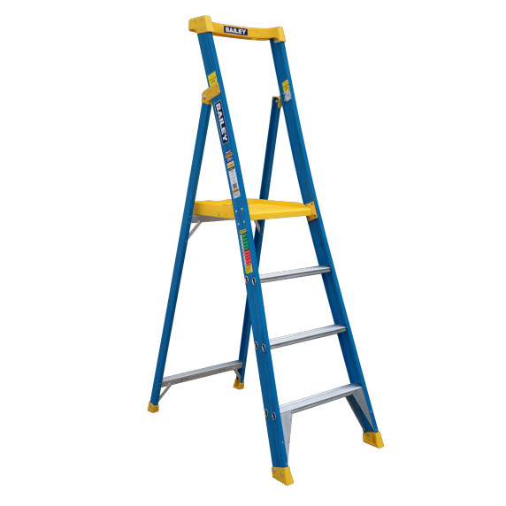 Bailey Pro FG platform ladder with four steps in blue and yellow.