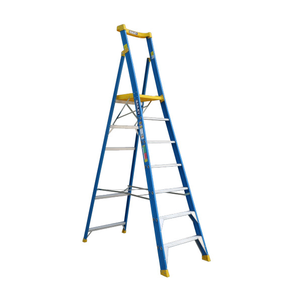 Bailey Pro FG Platform Ladder with 7 steps in blue and yellow fibreglass.