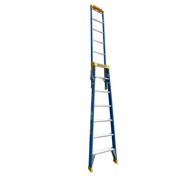 BAILEY Pro Fibreglass FSE7 ladder featuring integrated slides and anti-slip boots.