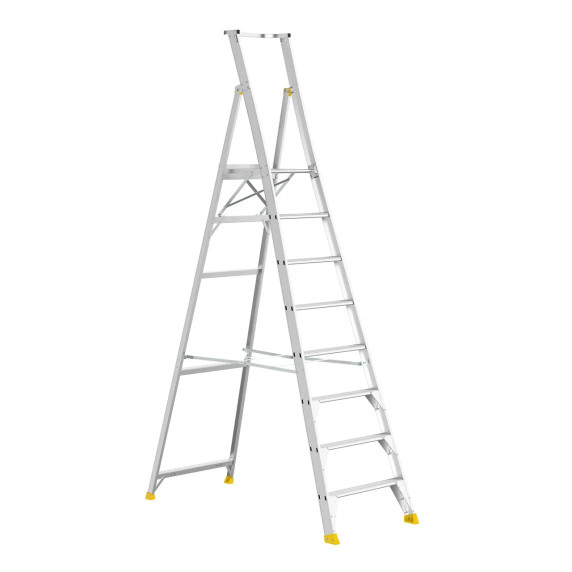 Aluminium 8-step platform ladder with handrail and anti-slip boots.