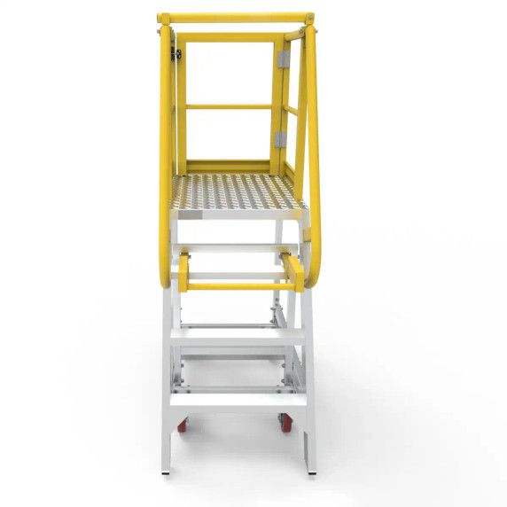 Heavy-duty aluminium work platform featuring safety rails and wheels.