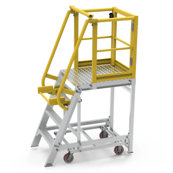 Heavy-duty aluminium work platform featuring safety rails and wheels.
