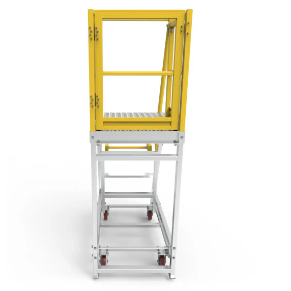 Heavy-duty aluminium work platform featuring safety rails and wheels.
