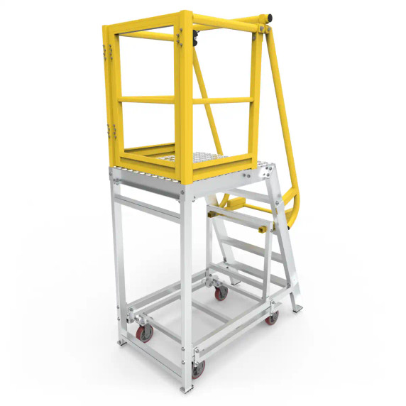 Heavy-duty aluminium work platform featuring safety rails and wheels.