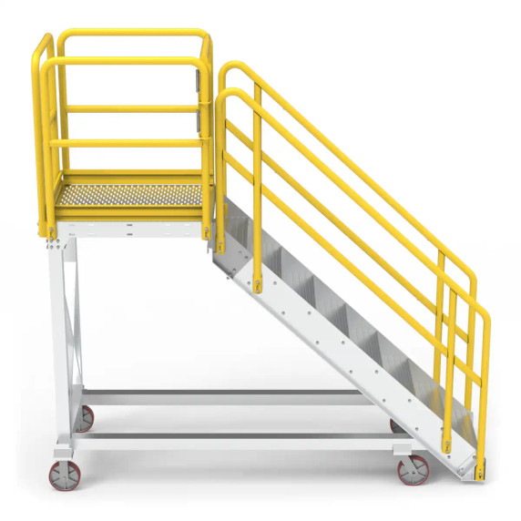 Heavy-duty aluminium stair platform featuring safety rails and steps.