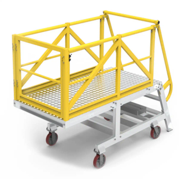 Heavy-duty cantilever work platform with safety rails and wheels.