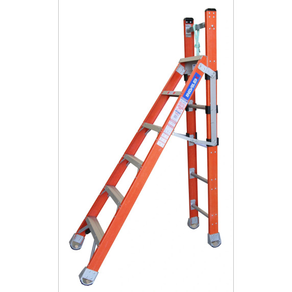 Indalex Pro Series 1.8M-3.0M fibreglass step extension ladder in orange.