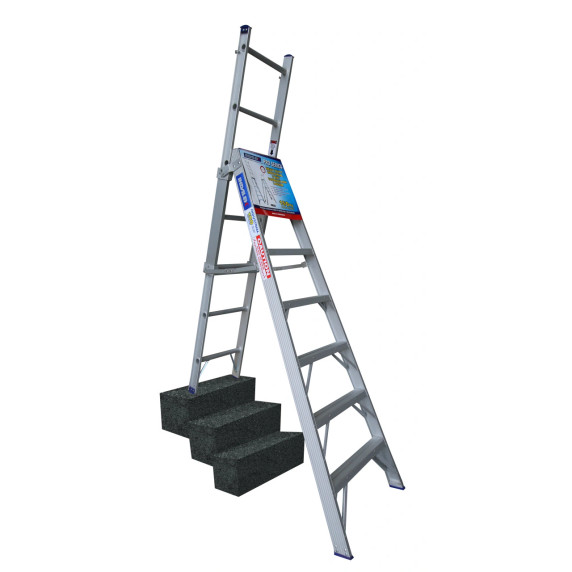 Indalex industrial aluminium combination ladder with stairway access.