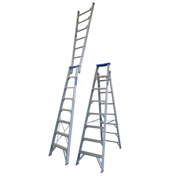 Aluminium dual-purpose step ladder, adjustable from 2.4m to 4.4m.
