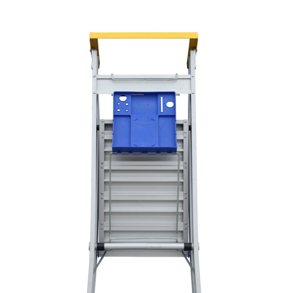 Blue tool tray mounted on an Indalex Pro Series ladder.