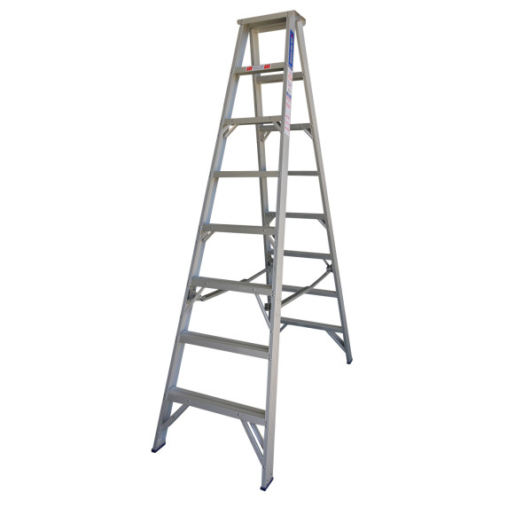Aluminium double-sided step ladder featuring eight steps.
