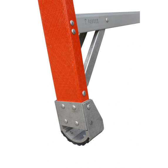 Close-up of a fibreglass ladder's base with metal support.