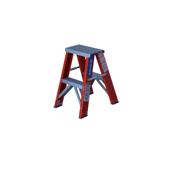 Indalex 0.6M double-sided fibreglass step ladder with aluminium components.
