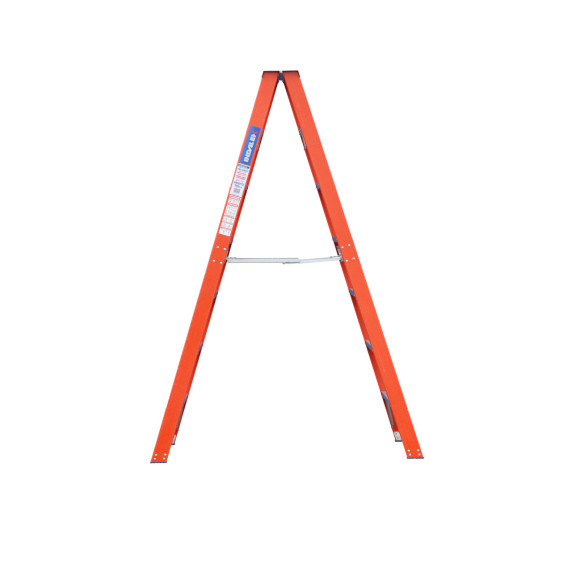 Indalex 2.1M Pro Series fibreglass double-sided step ladder, orange.