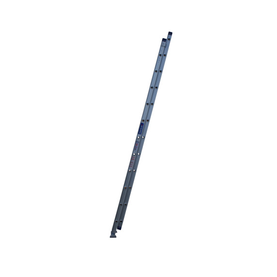 Side view of a tall aluminium extension ladder against a white background.