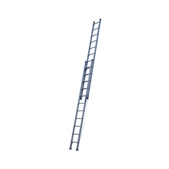 Aluminium extension ladder leaning against a white background.