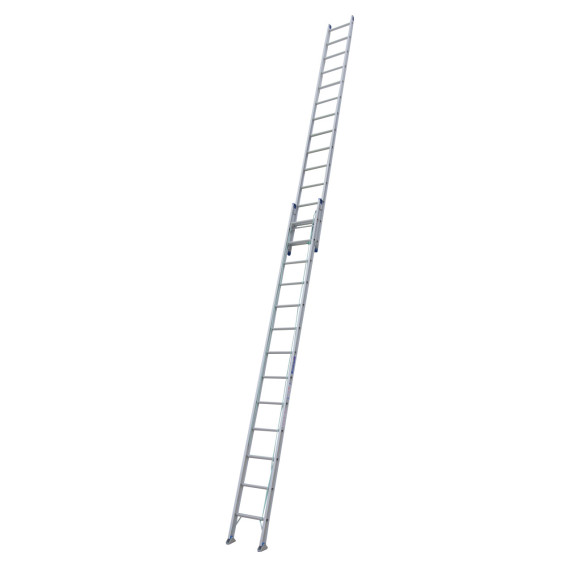 Heavy-duty aluminium extension ladder with swivel feet.