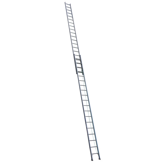 Industrial aluminium extension ladder with swivel feet, 10.8m high.