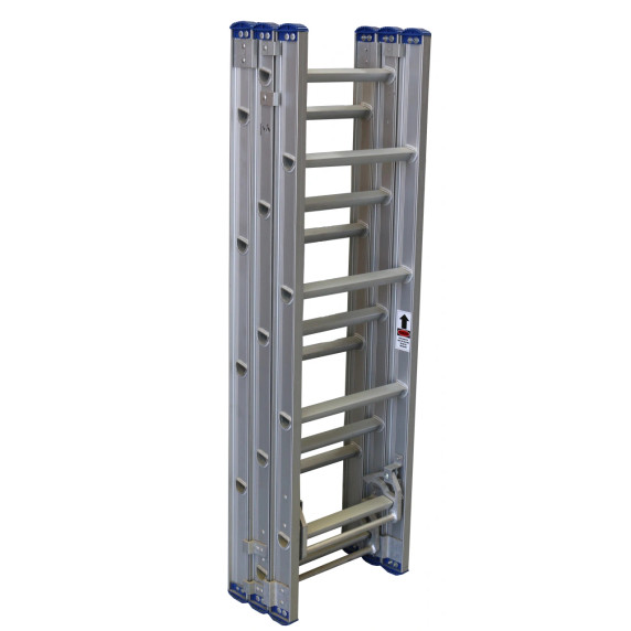 Folding Indalex aluminium extension ladder in its closed position.
